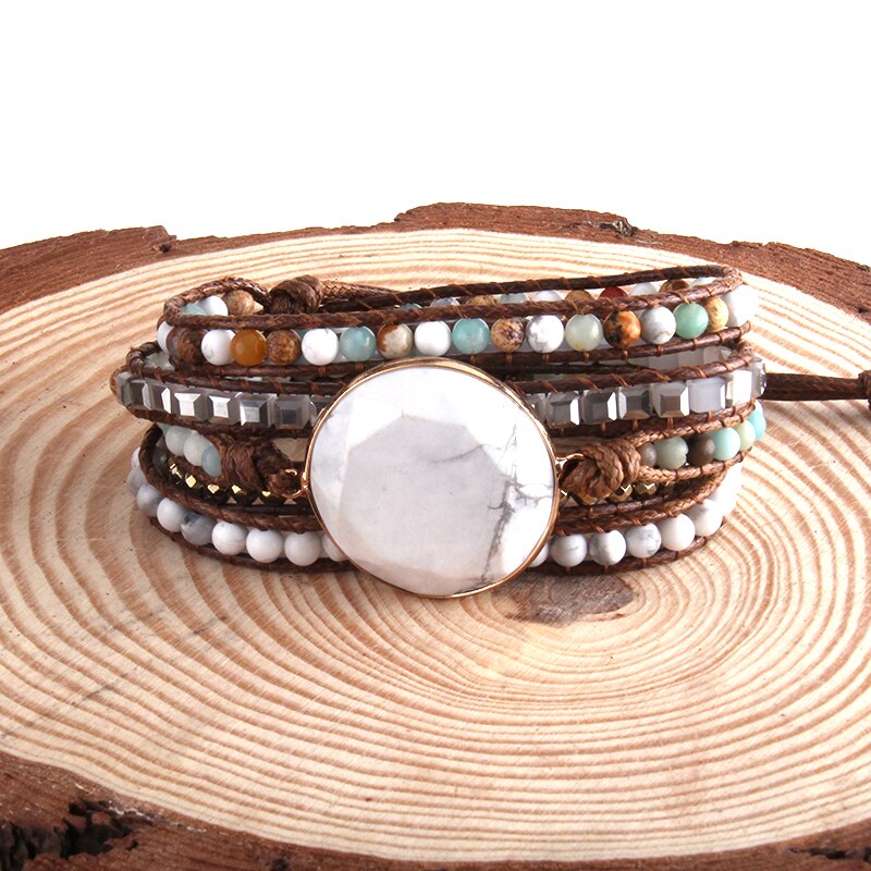 RH Handma Bohemian Jewelry Boho Armbander Natural Stones Big Charm 5 Strands Wrap Bracelets