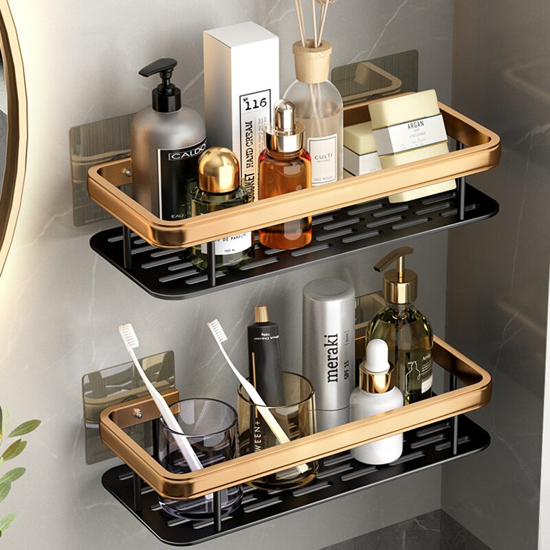 Bathroom Storage Shelf Punch-free Shampoo Shower Storage Rack Kitchen Holder Toilet Kitchen Organizer Bathroom Accessories Set: Golden Thicken 2Pcs
