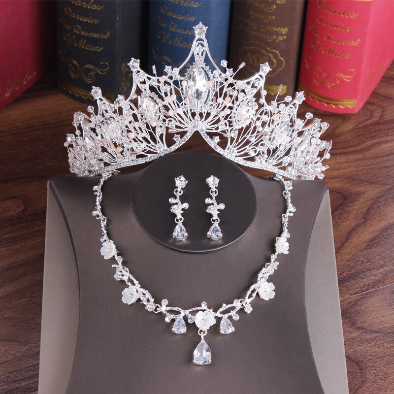 Conjunto de joias de casamento estilo barroco, retrô, strass, ouro, tiara, coroa, colar, casamento, noiva, luxo: 3Pcs Silver Sets