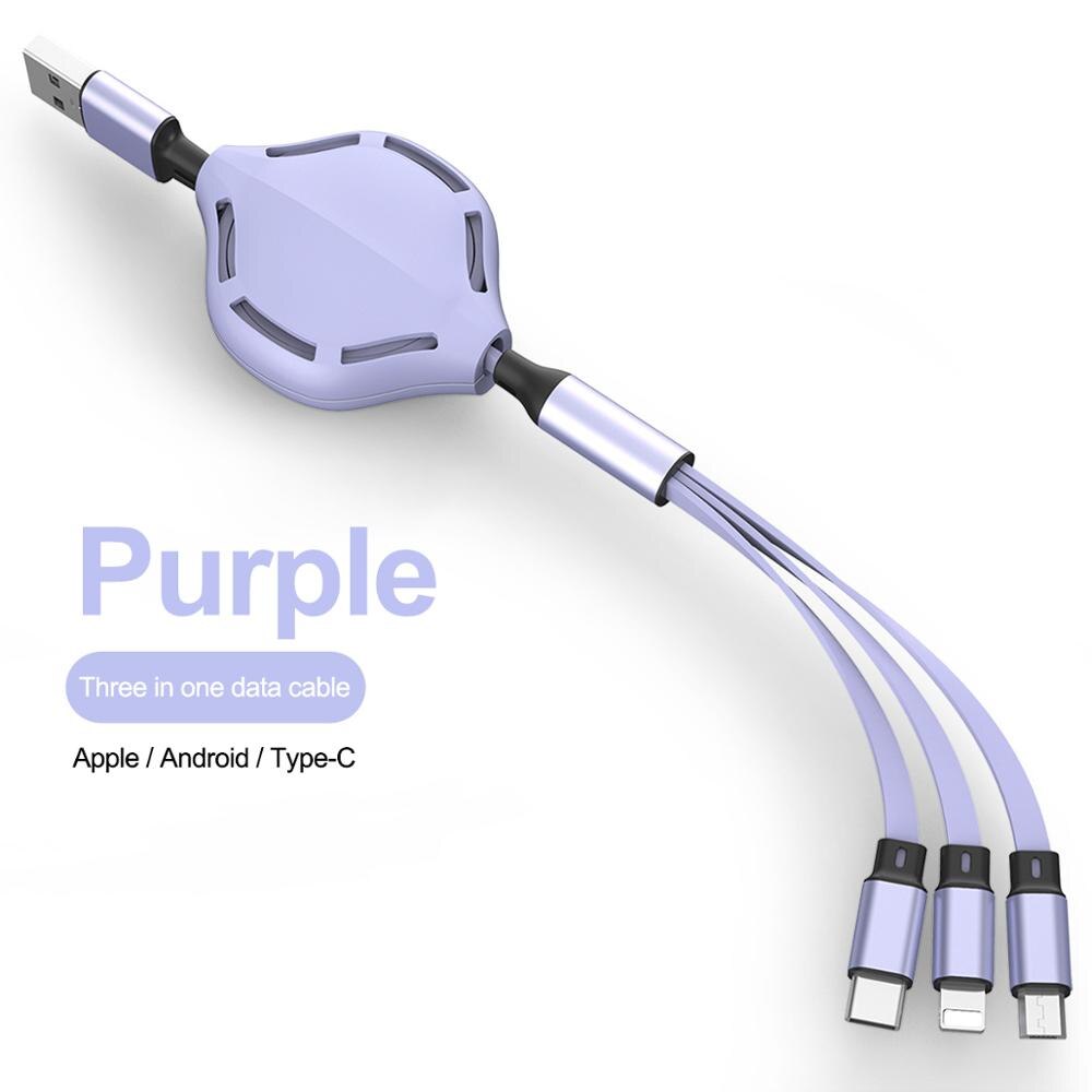 Rétractable 3in1 2in1 USB Type C Micro USB 8 broches câble pour iPhone Huawei chargeur câble 110cm 2A charge rapide USB C câble: VIOLET