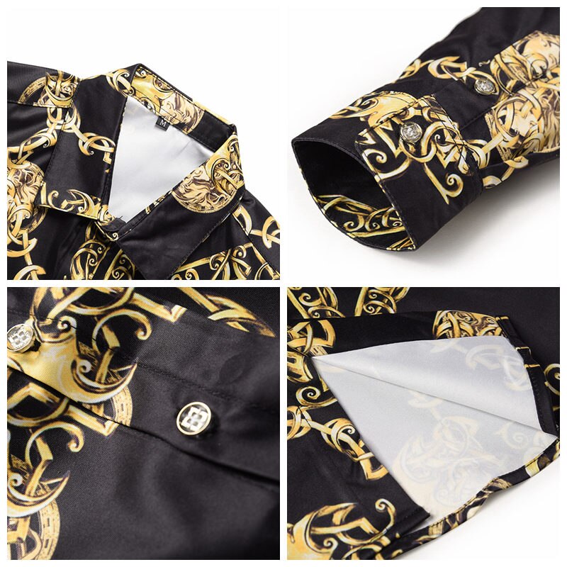 EDSON ARANTES-camisas de para hombre, ropa Masculina de barroca con estampado de cadena dorada 3d de lujo, de manga larga, ajustada, Noble