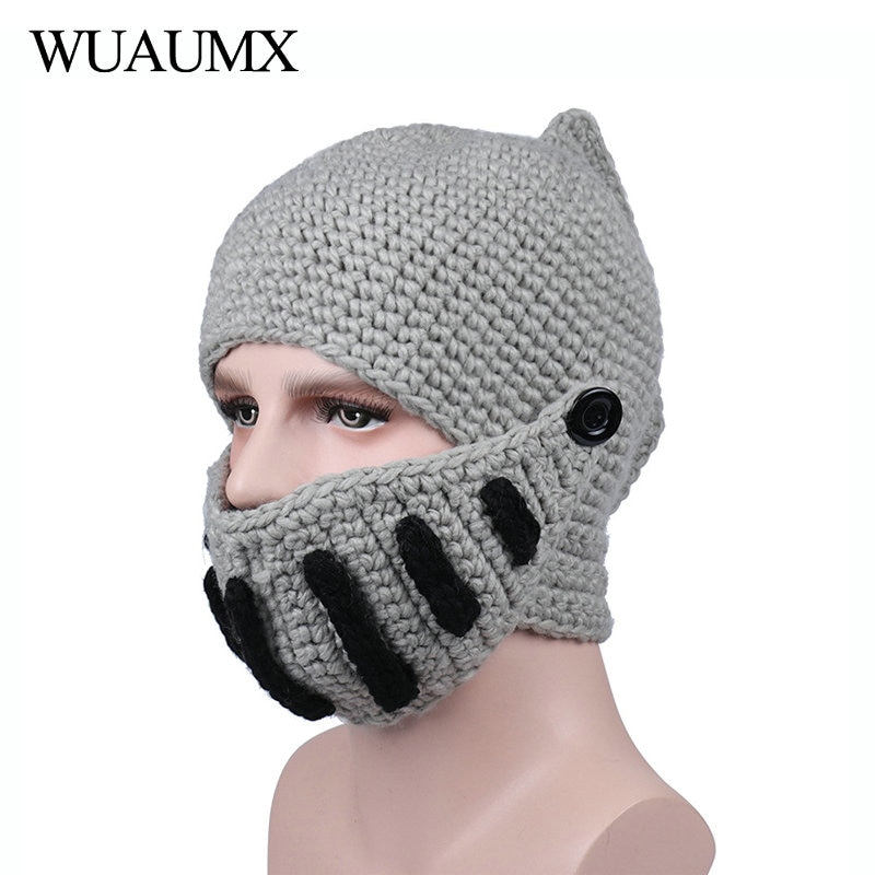 Wuaumx-gorro romano de invierno para hombre, gorro con máscara cálida, de punto, hecho a mano, máscara de Gladiador, czapka zimow