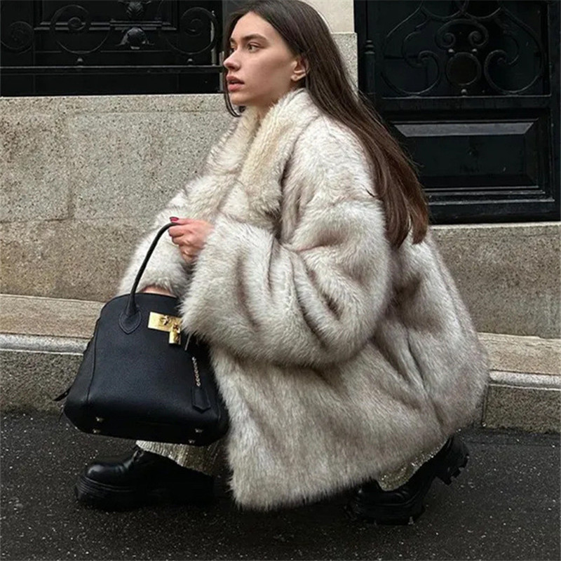 Vrouwen namaakbontjassen met lange mouwen, streetwear vest, jassen, kraagvorm, elegante dikke warme losse jas, effen herfst winter