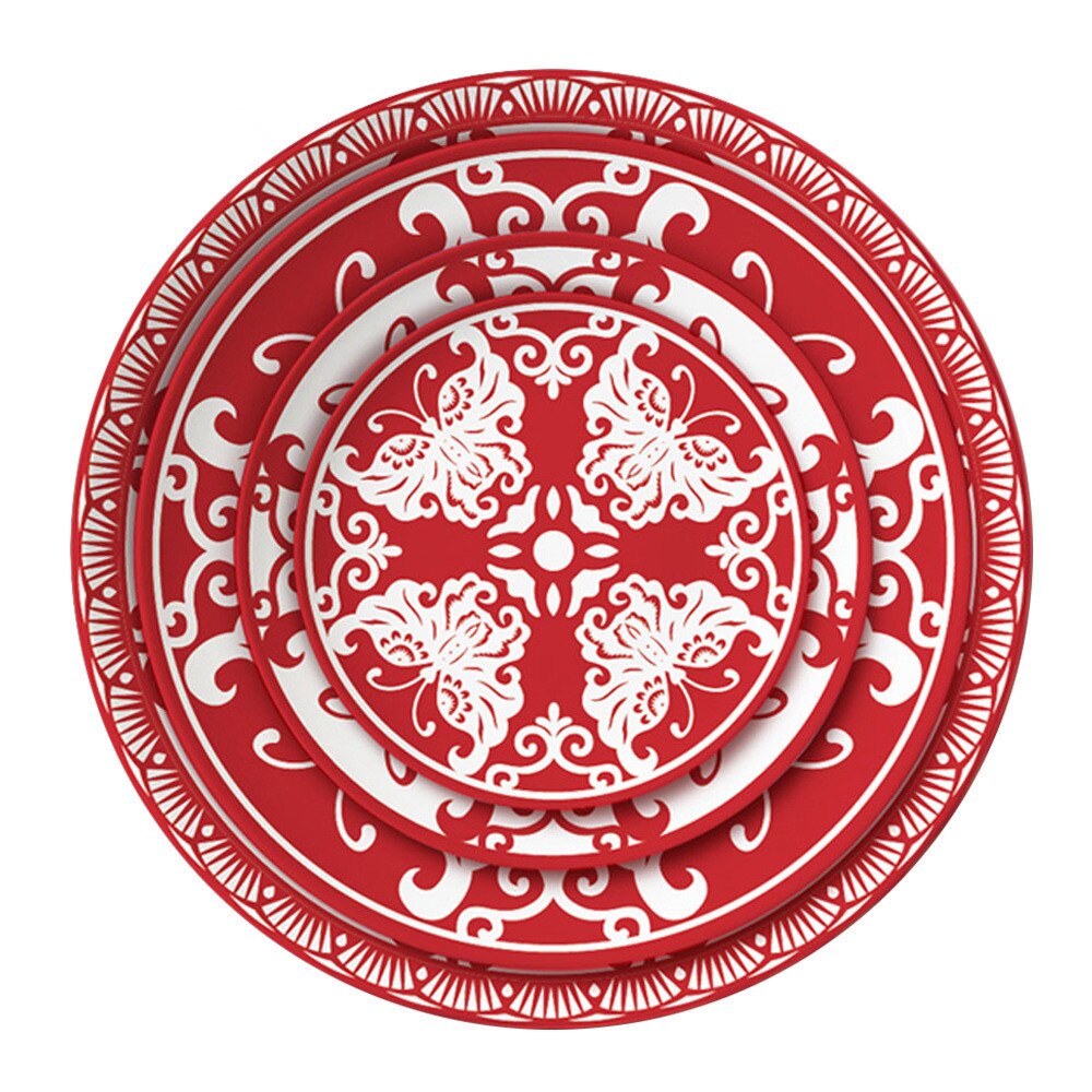 Chinese style red paper-cut pattern bone china tableware round plate set wedding festive dinner plate