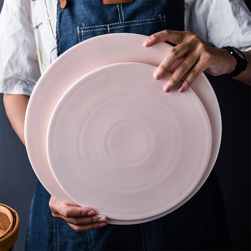 Round Flat Bottom Plate Hotel Ceramic Dinner Plates Beef Tableware Solid Color Dessert Dish Simple And Sushi Dishes