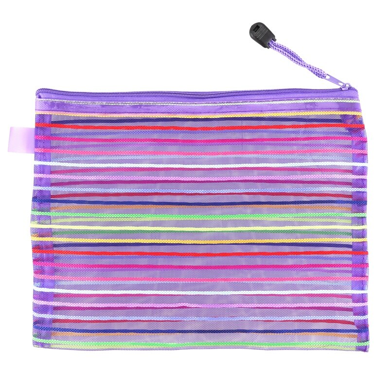 A5 Nylon Stripe Zipper Closure Documents Mesh File Bag - Purple: Default Title