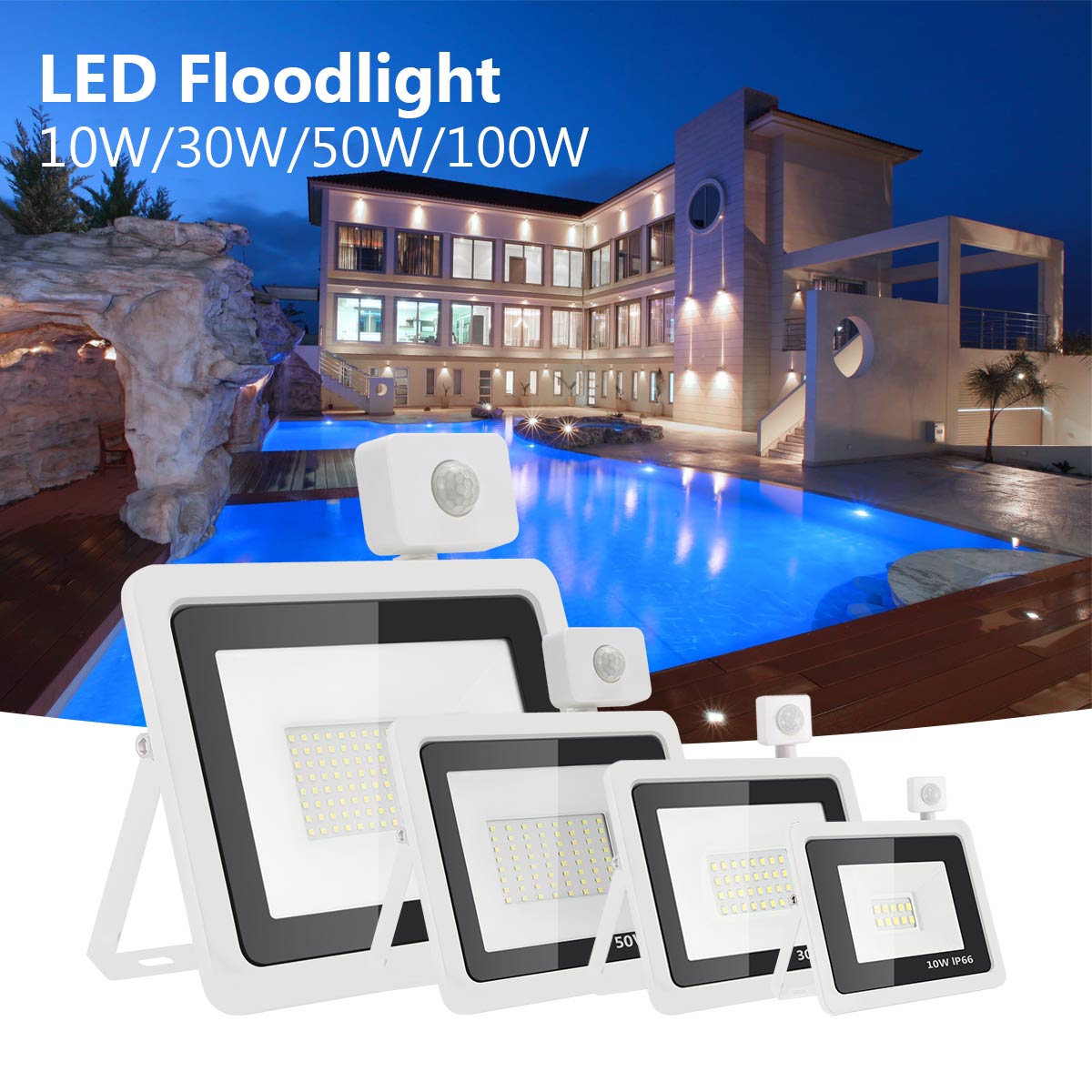Reflektor projektør lampe bevægelsessensor led oversvømmelse lys 10/ 30/ 50/100w ac 165-265v vandtæt  ip66 led spot udendørs lys