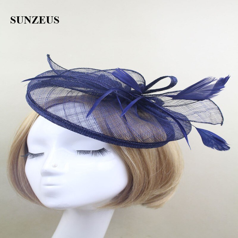 Sombreros y tocadores de boda con plumas de lino, sombreros de novia elegantes de Color dorado, sombrero de mujer, accesorios para el cabello SH13: navy blue