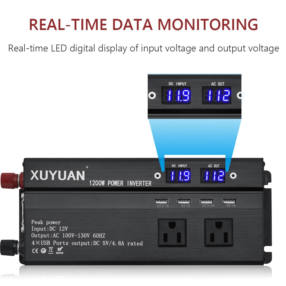 Inverter 1200W DC 12V 24V to 110V AC Power Inverter Converter with 3 AC Outlets + 4 USB Ports Car Micro Inverter