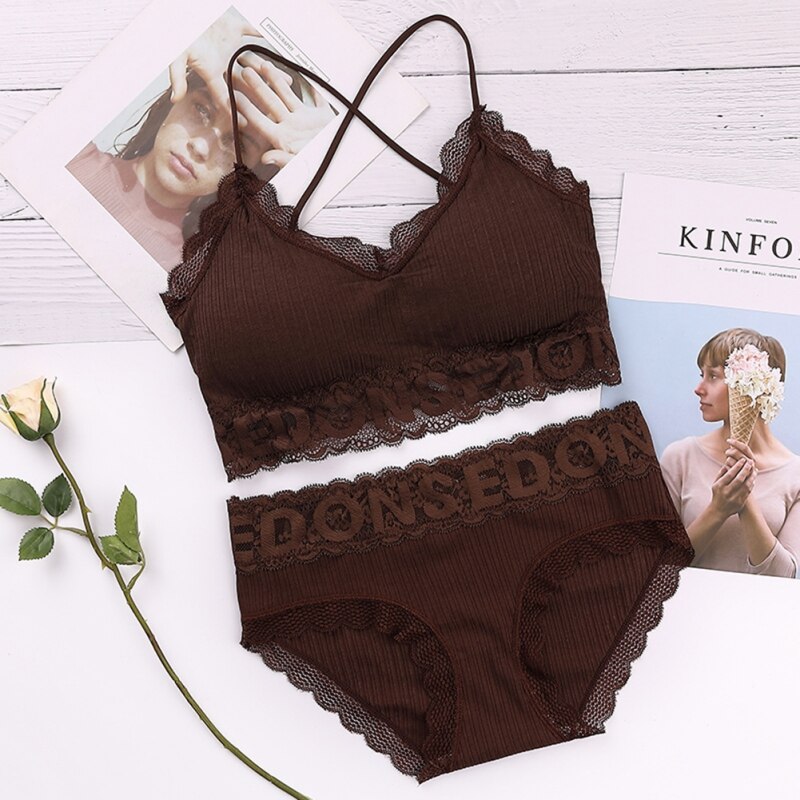 Sexy Lingerie Bra Set Beauty Back Tanks Tops Women Lace Tube and Panties Set: Brown