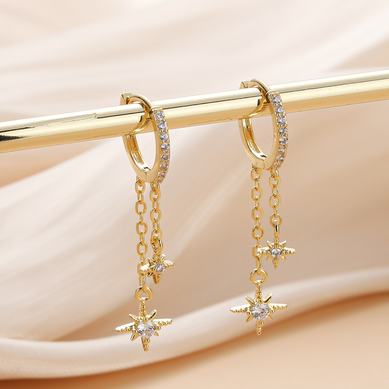 Dames oorbellen met sterren, kubieke zirkonia steentjes, verguld, creooloorbellen, trendy schattige meisjes sieraden, tessel oorbellen.