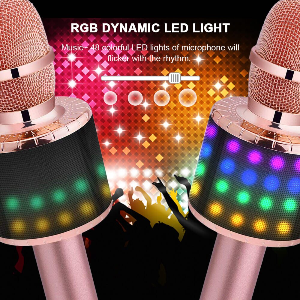 Wireless Bluetooth Karaoke Microphone with LED Lights Handheld Multifunction Speaker Rechargeable Li-Battery Best for Kids