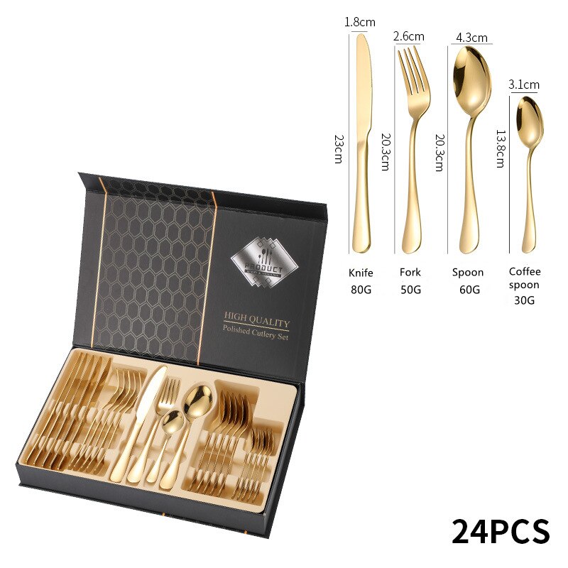 6Set/24Pcs Luxury Flatware Box Set Wedding Banquet Year Family Dinner Cutlery Set Stainless Steel Tableware Set: Gold 24Pcs Box