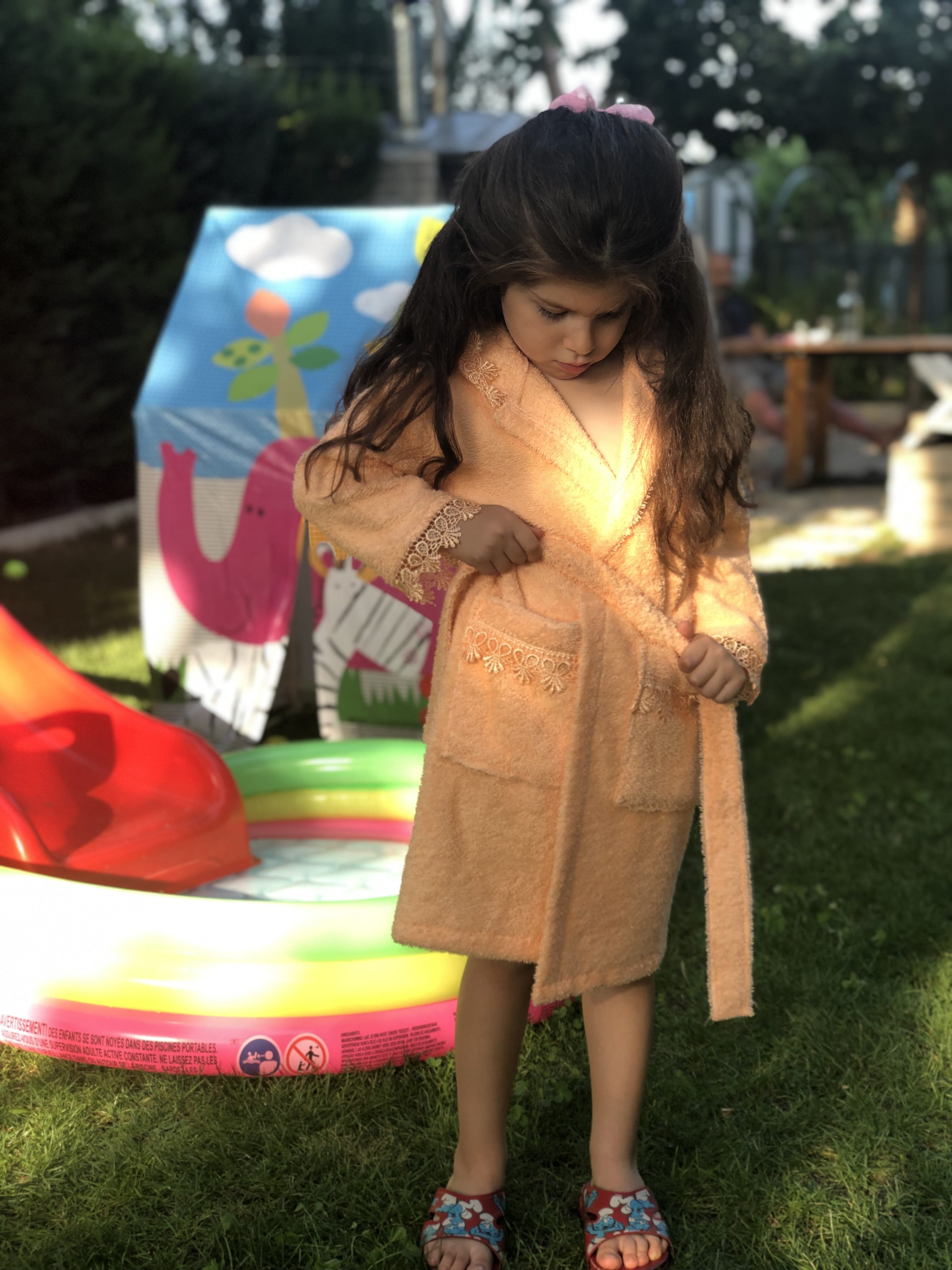 Huva barn badrockar 5-8 åldrar spetsbroderi barn mjuk badrock för flickor pyjamas nattlinne barn nattkläder gjorda i turkiet: Lax / 7-8 åldrar