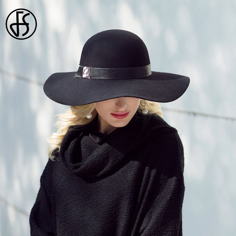 FS Winter Black Hat For Women Big Wool Fedora Hats With Leopard Belt Cloche Felt Wide Brim Bowler Hats Ladies Derby Fedoras