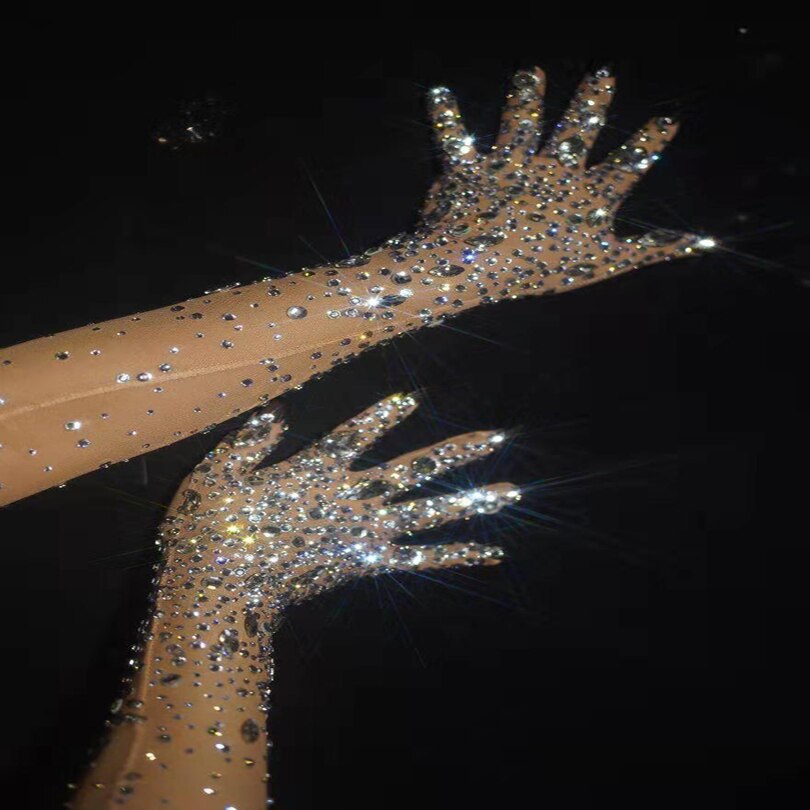 Stretch Rhinestone Gloves Women Sparkling Crystal Mesh Perspective Long Gloves Nightclub Dancer Singer Stage wear