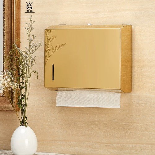 Caja metálica de pañuelos de papel, dispensador de toallas de papel, oro, baño público, pared doble de acero inoxidable, montada en la pared, sin perforación, FH020: Style 4