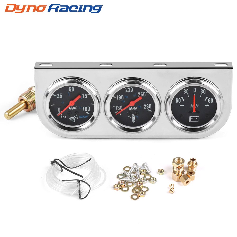 2inch 52mm Chrome Panel Oil Pressure Gauge Set 16" Gauge 0-80 PSI Water Temp Gauge Amp Meter Triple Gauge Set