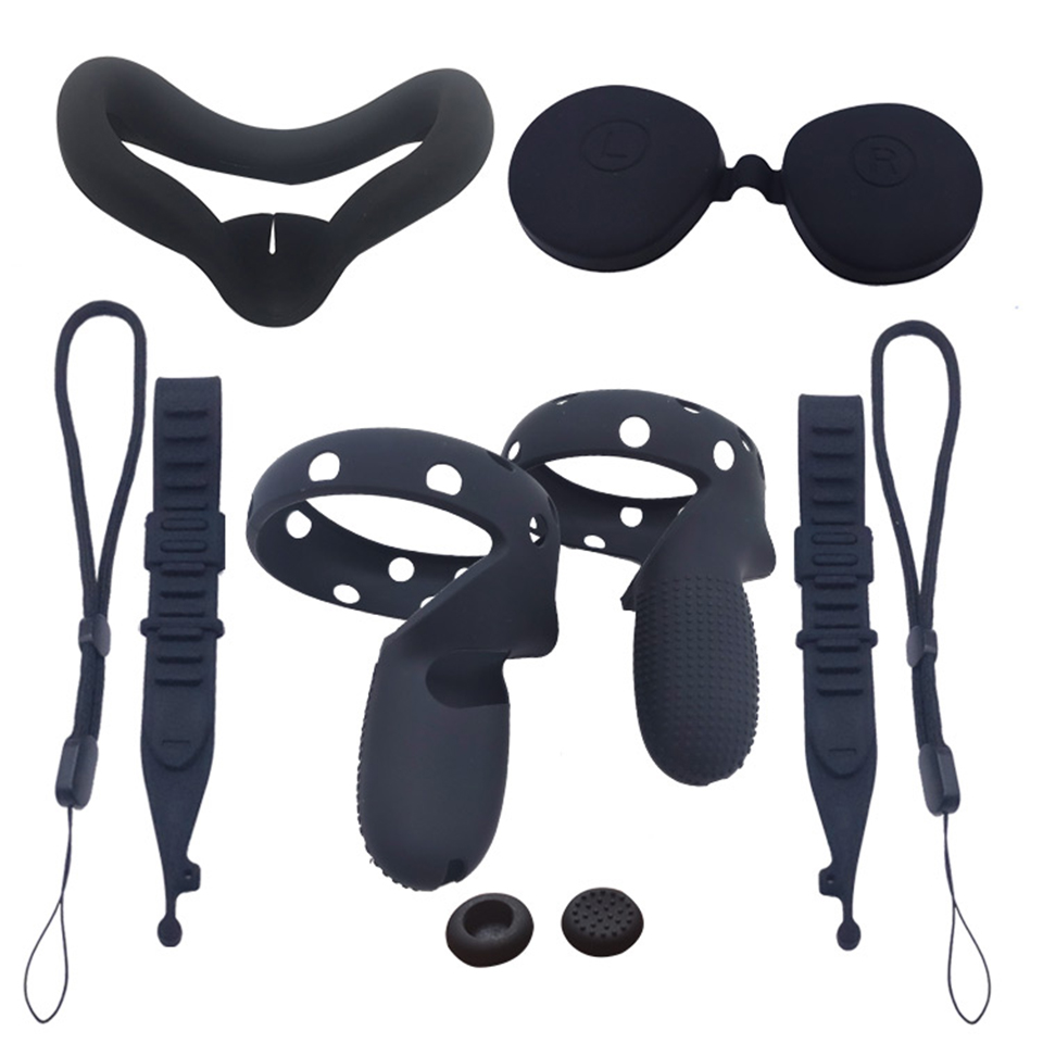 VR Silicone Accessory Kit With Lens Cover Controller Cover For Oculus Quest 2 Eye Pad Touch Grips Hand Strap: Full set Black