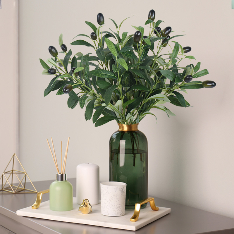 1/3 Uds hojas de olivo artificiales rama de árbol planta verde con fruta para el hogar jardín florero decoración ramo de boda flores de seda