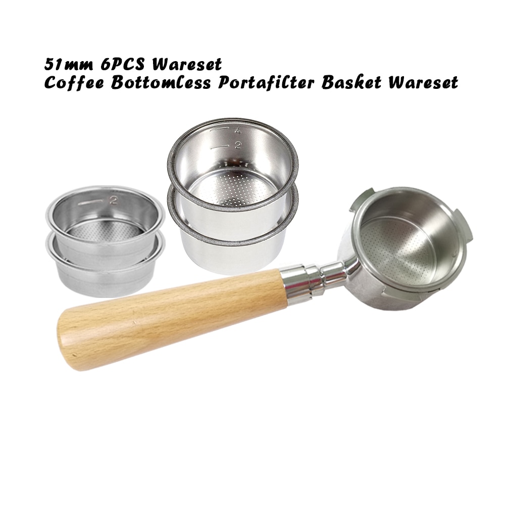 Juego de cesta de café portafiltro sin fondo, 51mm, 6 uds., juego de café Espresso, Breville Delonghi Krups, soporte de filtro con mango de madera