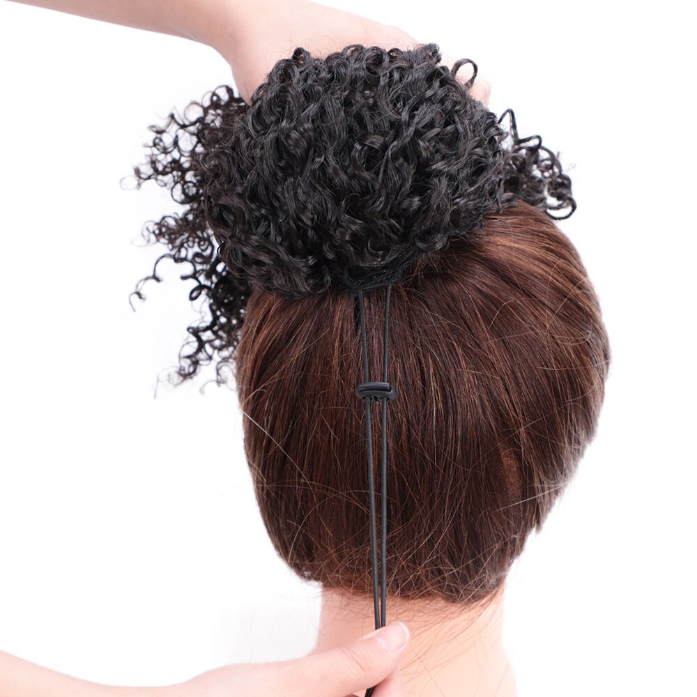 Extension capillaire synthétique Afro-américaine bouclée et crépue, postiche Chignon court enroulé avec cordon de serrage