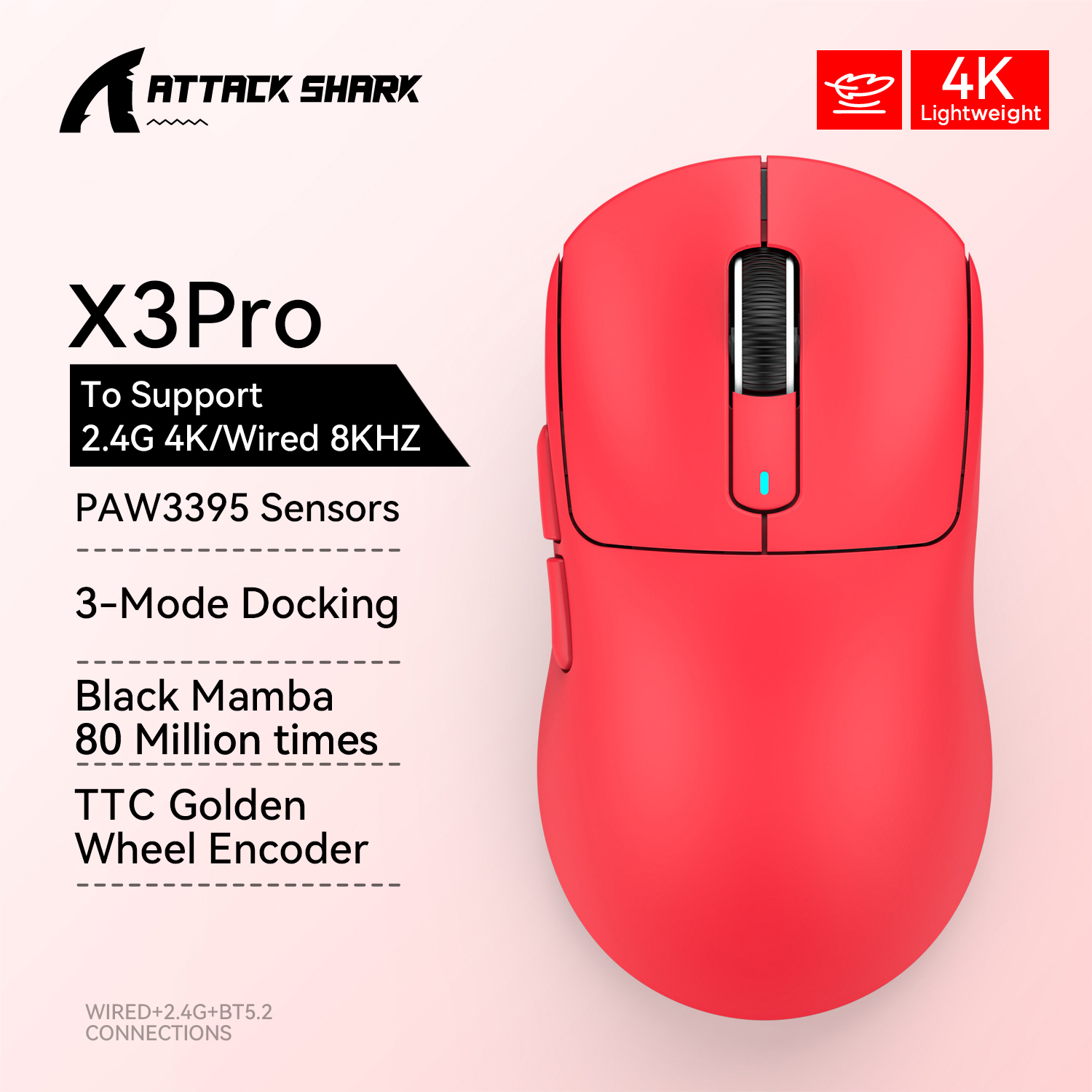 Souris de jeu X3 sans fil ATTACK SHARK couleur rouge 4K retours, connexion Tri Bluetooth, PAW3395, souris de jeu Macro Bluetooth: Rose
