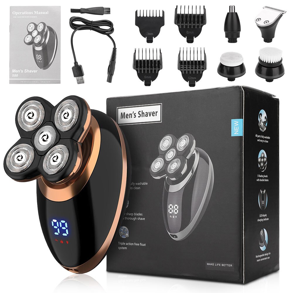 USB Rechargeable Mower Men Washable Five Floating Heads Shavers LCD Hair Clipper Razor Nose Hair Trimmer Shaving Beard Machine: Electric Shaver Set