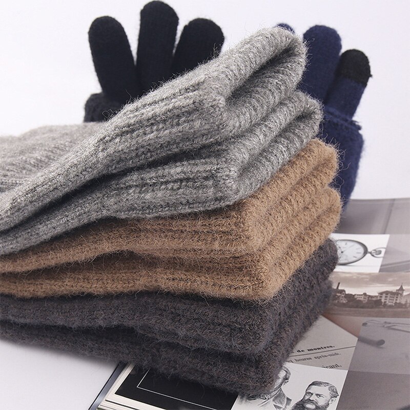 Herre & #39 ;s plus fløjl fortykket strik ulden cykel luffer vinter cashmere elastisk touch screen kørehandsker  h49