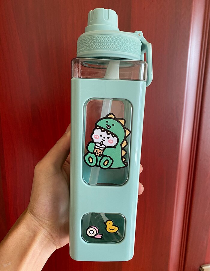 Kawaii Bär Pastell Wasser Flasche Mit 3D Aufkleber 700ml/900ml Kunststoff Reise Tee Saft Milch Tragbare Nette Shaker Trinken Flasche: Grün  D / 900ml