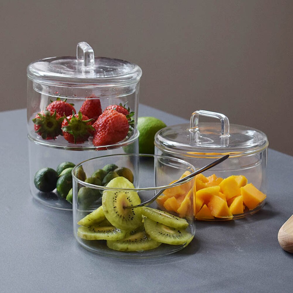 Stapelbaar Hittebestendige Glazen Kom Transparant Slakom Innovatieve Dessert Fruit Doos Met Graan Jar Keuken Kom Servies