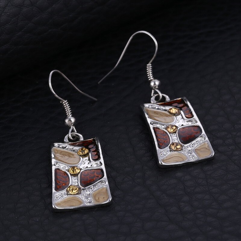 Mode Gem Vierkante Emaille Sieraden Set Zilver Kleur Schilderen Hanger Ketting Oorbellen Bruids Sieraden Sets Voor Vrouwen Bruiloft