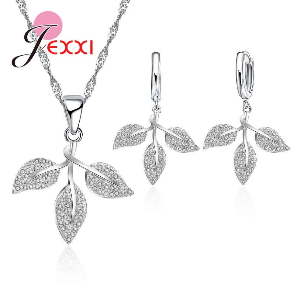 -Zilver-Sieraden Romantische Blad Vrouwen Zirconia Hangers Ketting Oorbellen Set Voor Huwelijksgeschenken
