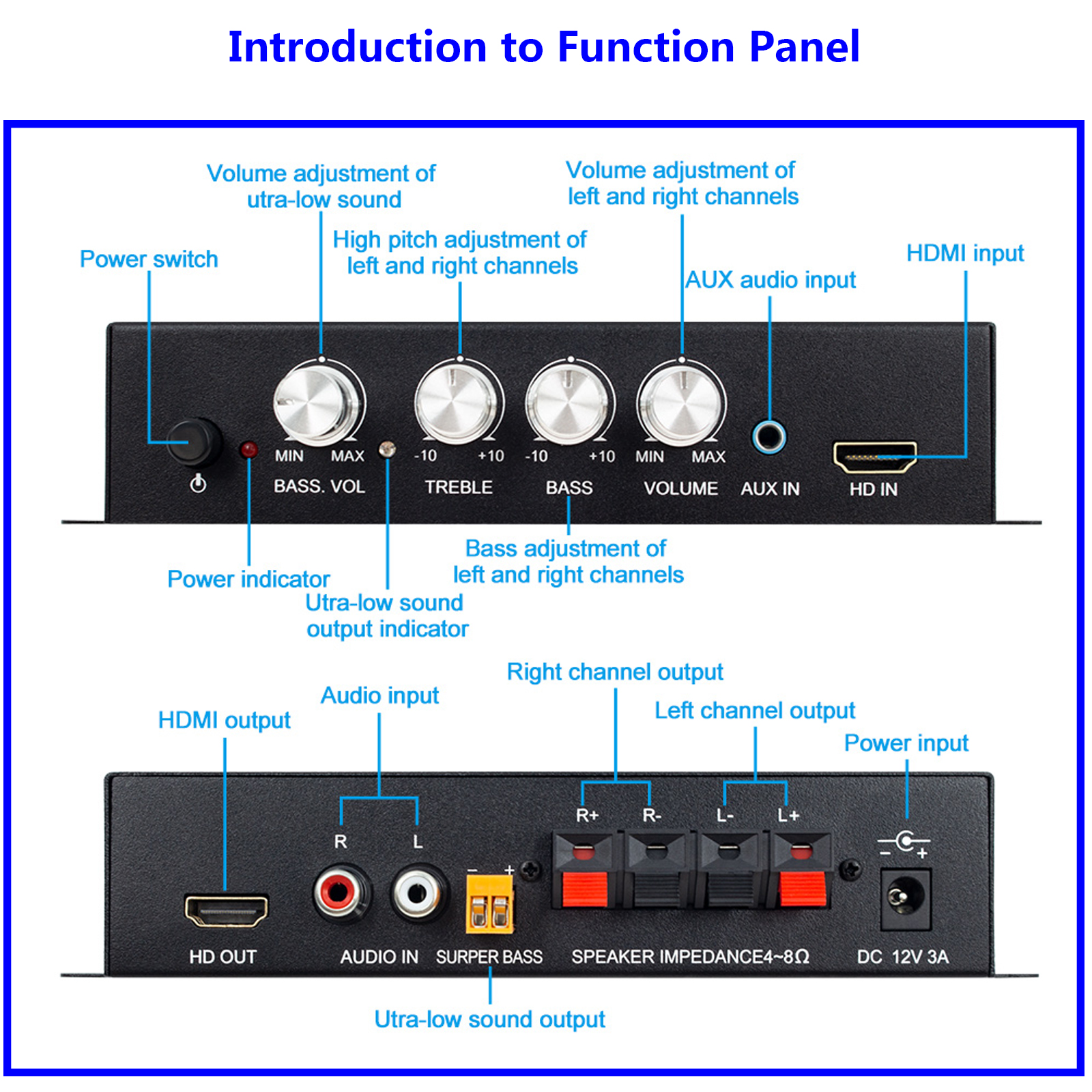 ST-838 HiFi 2.1-kanałowy wzmacniacz mocy kompatybilny z Bluetooth 5.0, 20Wx2 wzmacniacz subwoofera wzmacniacz dźwięku regulacja tonów niskich i wysokich
