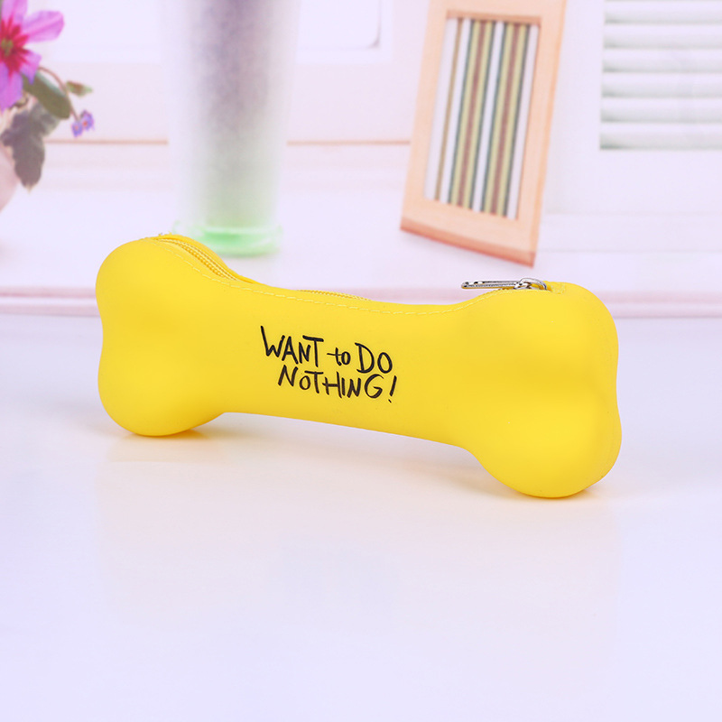 Kawaii Candy-colored Bone-shaped Pen Bag Silicone Zipper Pencil Cases Lovely Letter Style Cosmetic Stationery Pouch School Suppl: Burgundy