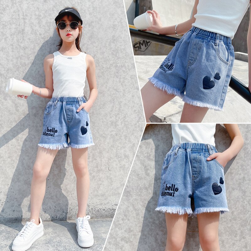 Meisjes Brief Denim Shorts Zomer Kinderen Pants Kinderen Kwastje Liefde Broek