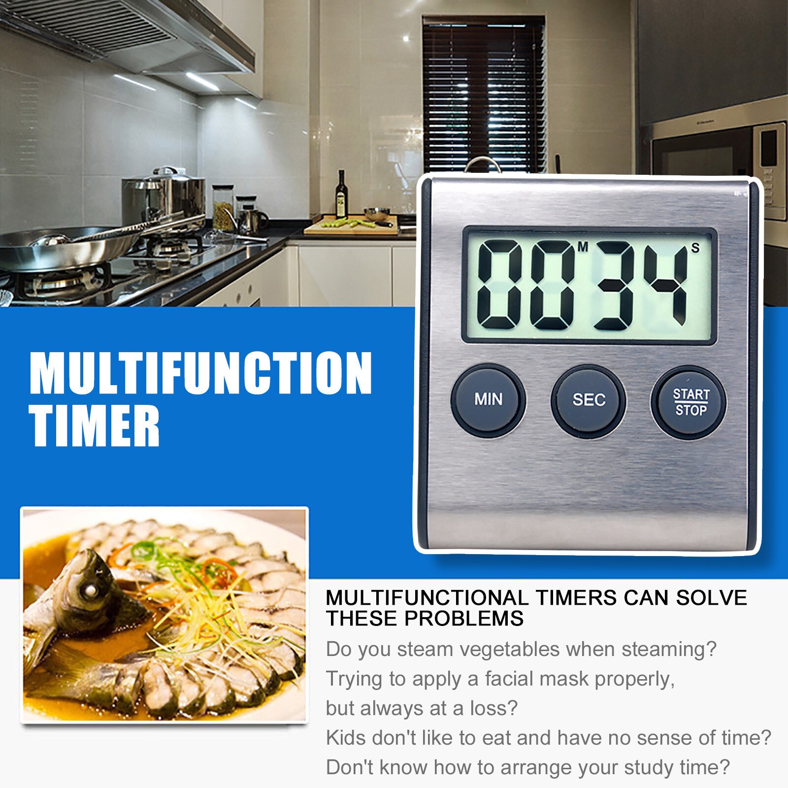 Digital Kitchen Timer Alarm Clock Timer 24 Hours Countdown Timer Black Stainless Steel Alarm Magnet Clock For Cooking Baking