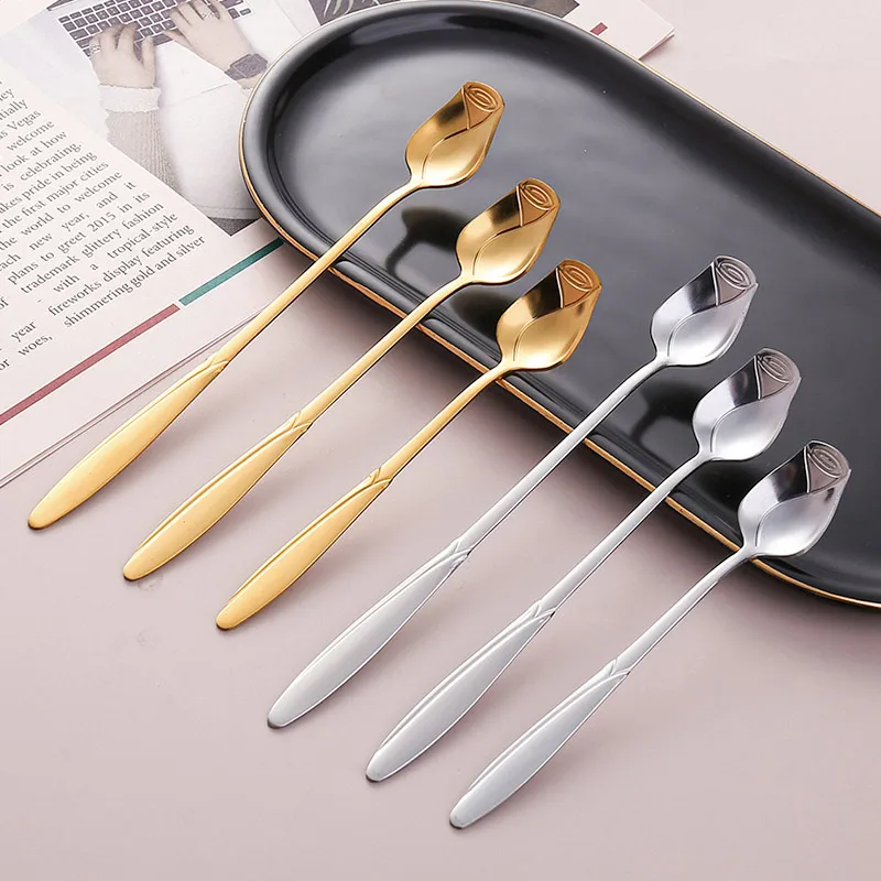 Long Handle Teaspoon Stainless Steel Rose Mixing Spoon Unusual Teaspoons for Dessert Honey Salad Tea Coffee Spoons Year