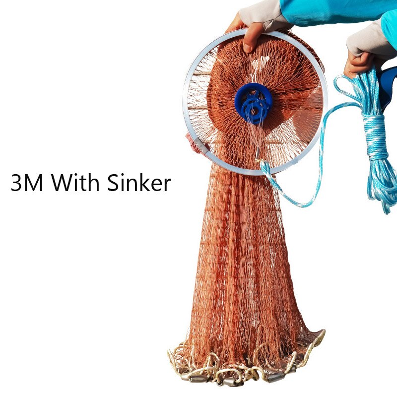 High Strength Hand Cast net 2.4M-4.2M with sinker American Style Catch Fishing Network Small Mesh Hand Throw Net Fishing Tools: 300 CM