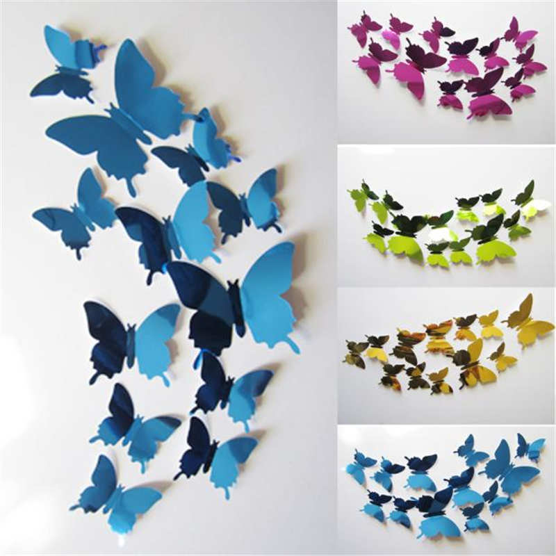 12/set boter multicolor 3D vlinder muursticker Muurstickers Decal Vlinders 3D Spiegel Wall Art Thuis decors #4J05
