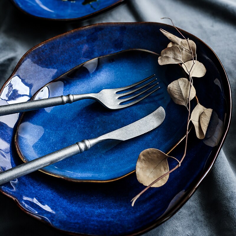 Assiette de nourriture en céramique, poterie de ménage, plat irrégulier, plateau de salade, vaisselle de nourriture occidentale, plats plats plats de ménage
