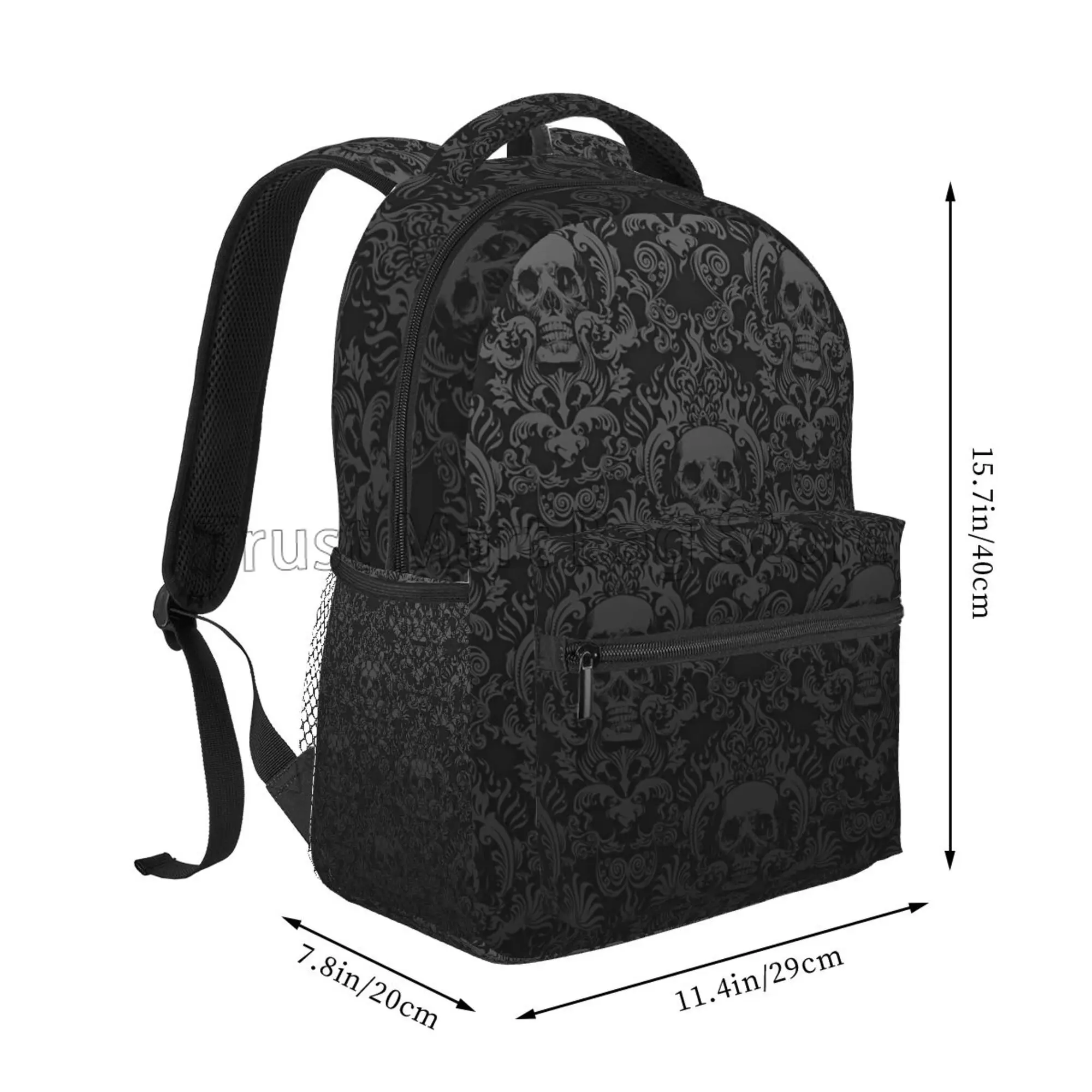 Mochila gótica con de calavera negra de Damasco, mochilas informales Unisex para ordenador portátil, mochila escolar, mochila de viaje para senderismo y acampada