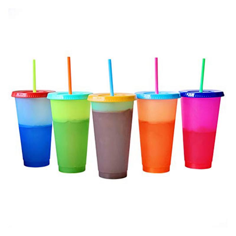 5Pcs 710Ml Pp Temperatuur Magische Kleur Changeing Tumbler Cups In Bulk Kleurrijke Koud Water Koffie Mok Flessen Cup met Rietjes