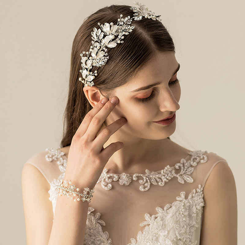 Jonnafe Silber Farbe Blatt Braut Tiara Stirnband Frauen Prom Haar Crown Perlen Schmuck Kristall Hochzeit Kopfschmuck Haar-Zubehör