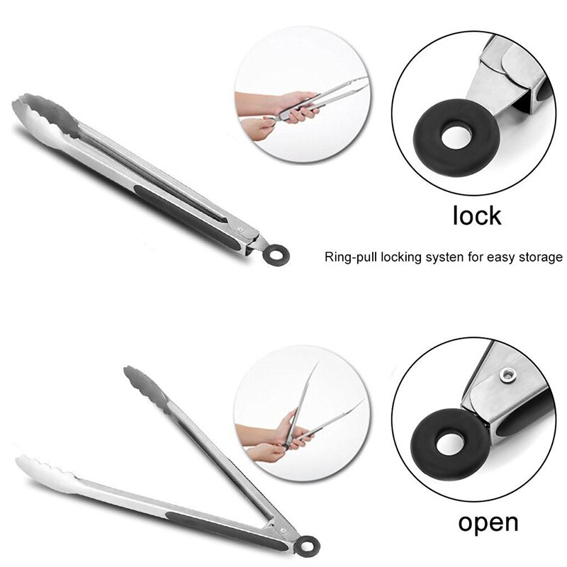 9-12inch Kitchen Tongs Grill BBQ Tongs Silicone Handled Salad Clip Bread Clamp Stainless Steel Food Tong BBQ Accessories Tool