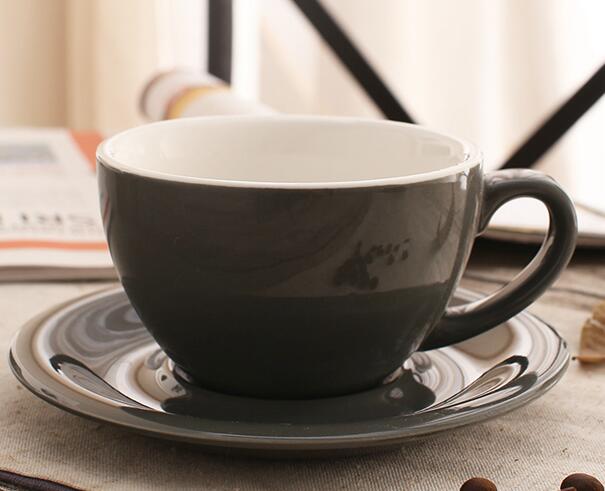300 ml farverige tykke porcelæns-kaffekopper og underkopper, keramiske lattekopper og underkopper: Grå