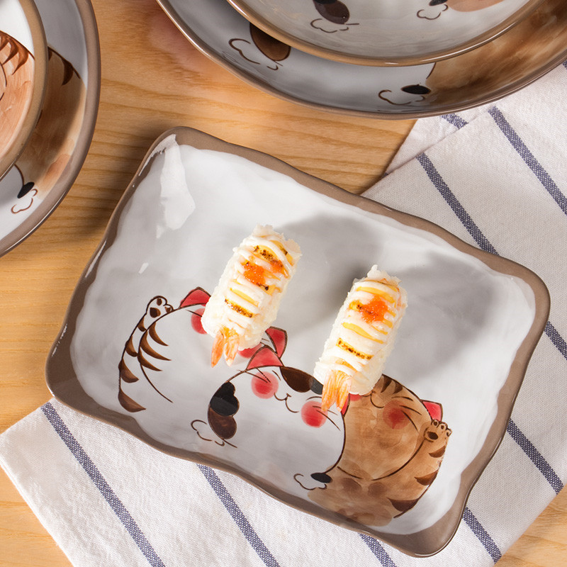 Japanese Hand-painted Ceramic Cute Cartoon Cat Tableware Set Soup Noodle Bowl Fish Dish Family Dinner Steak Tableware