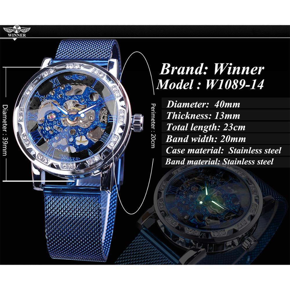 Winnaar Diamond Display Mannen Business Klok Blauw Staal Mechanische Classic Royal Versnelling Beweging Mechanische Skeleton Horloge