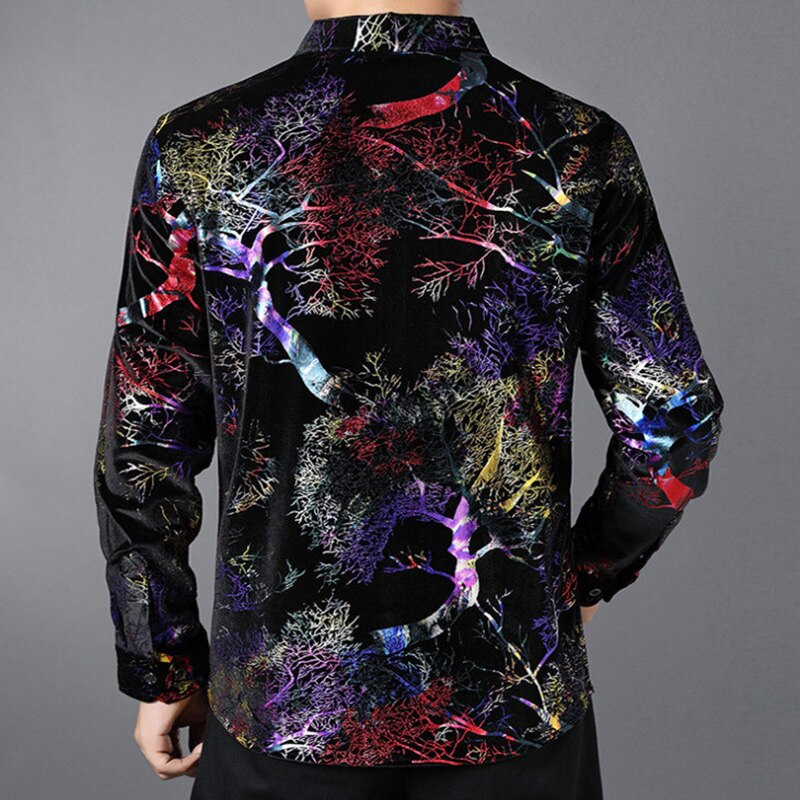 Luxury Gold Velvet Men's Shirts Casual Print Long Sleeve Shirt Men Shiny Tuxedo Shirts camisa masculina
