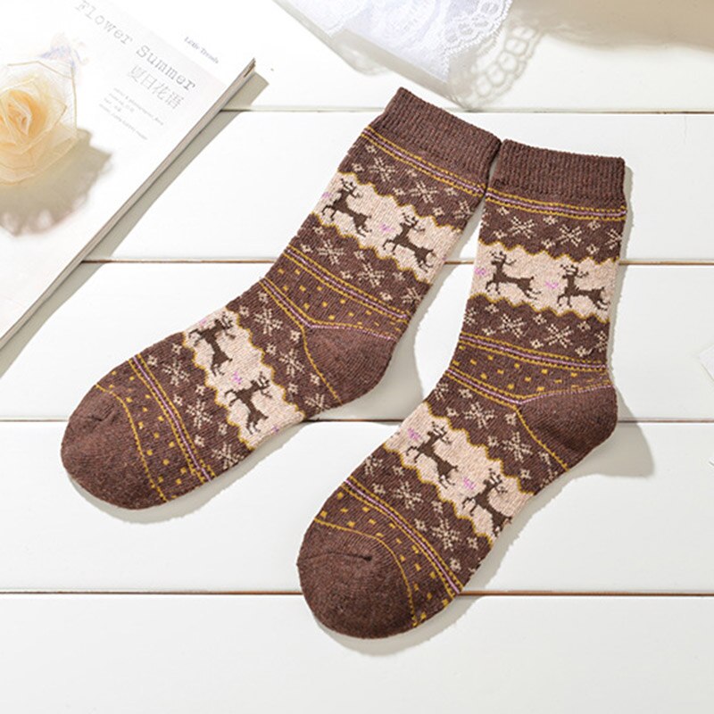 Calcetines cálidos de lana con de alce y copo de nieve, para mujer, cómodo para niña, 1 par, T0750: Brown